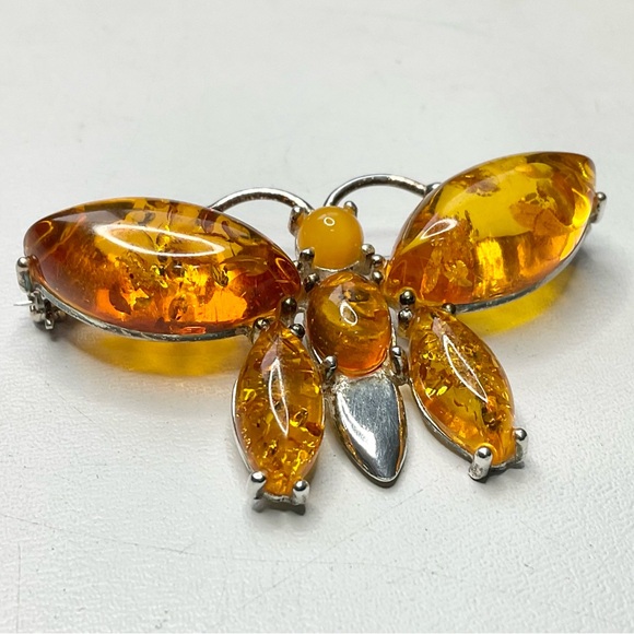 Sterling Silver Amber Butterfly Brooch Poland - Picture 2 of 8